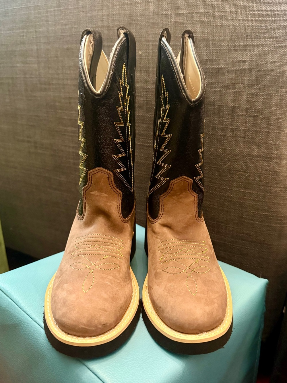 New Old West Brown & Black Kids' Western Boots with Yellow Stitching
